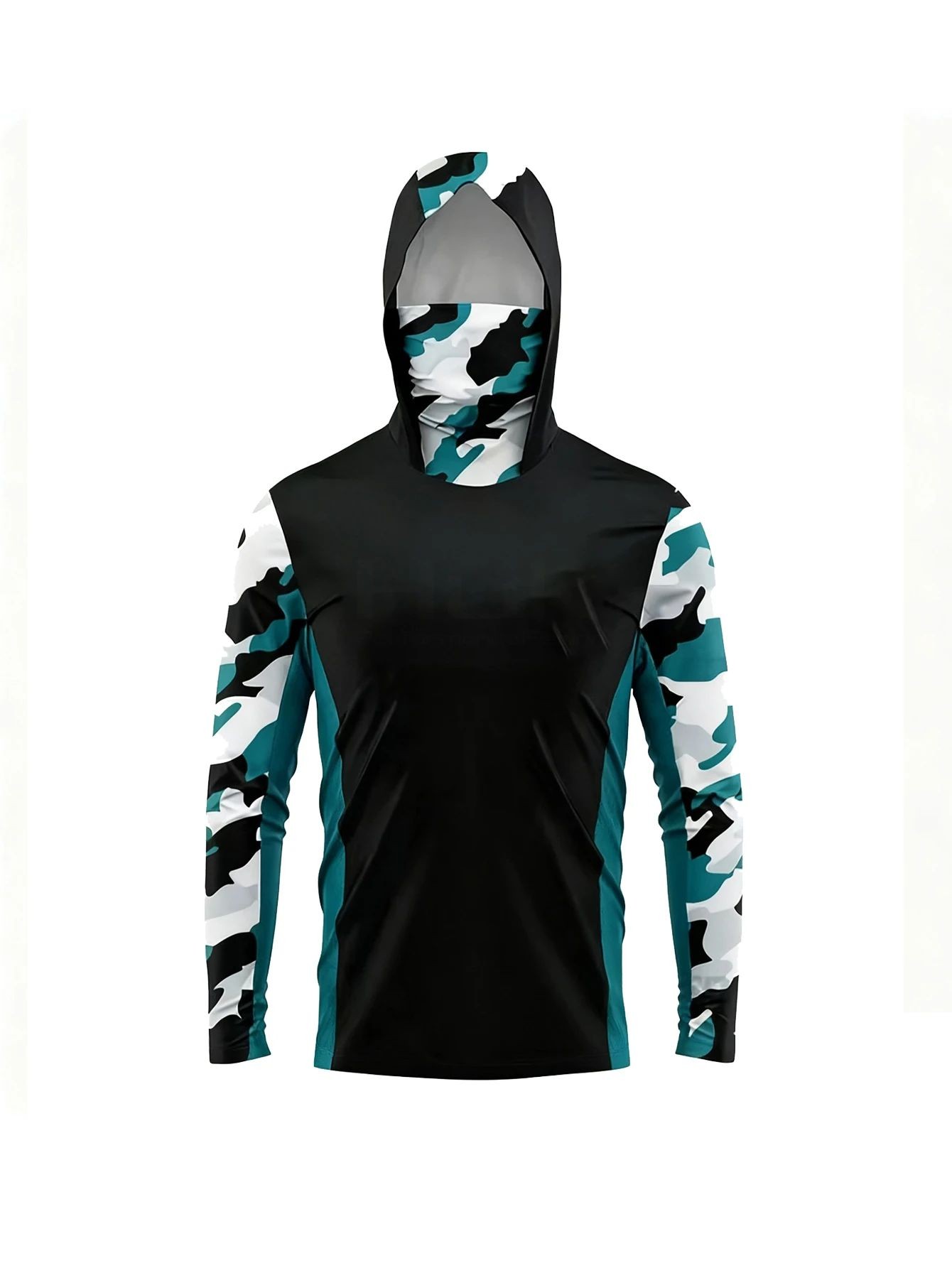 Summer Clothing Long Sleeve - アウトドアメンズフィッシング用フード付きシャツ 保護カモフラージュデザイン フェイスカバー内蔵 速乾性 通気性 長袖トップス