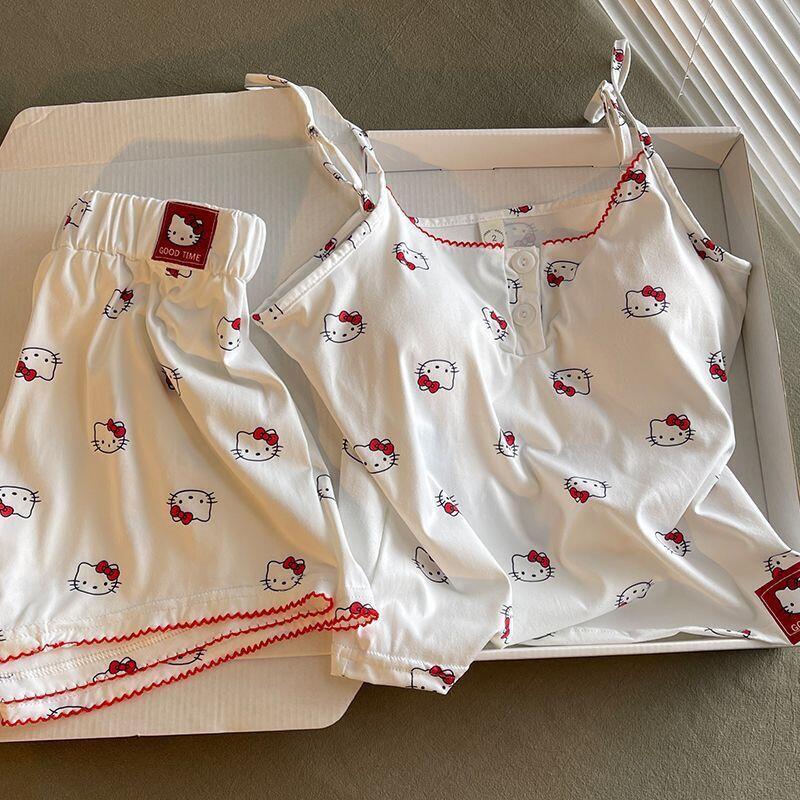Summer Clothes - 純粋な欲望キュートなハローキティ漫画プリント女性のパッド入りノースリーブサスペンダーツーピースホーム服2026夏薄い新しいスタイル