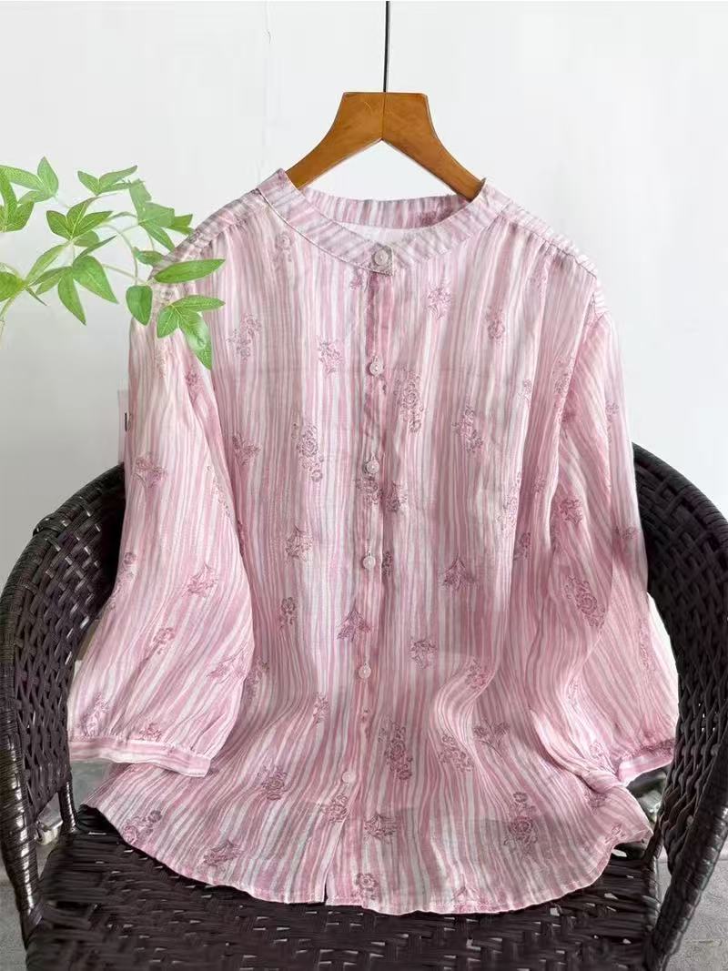 Summer Clothing Brands - 女性のオリジナル高級ブランド服 100% ラミーリネンシャツとブラウス女性用夏通気性プリントトップス