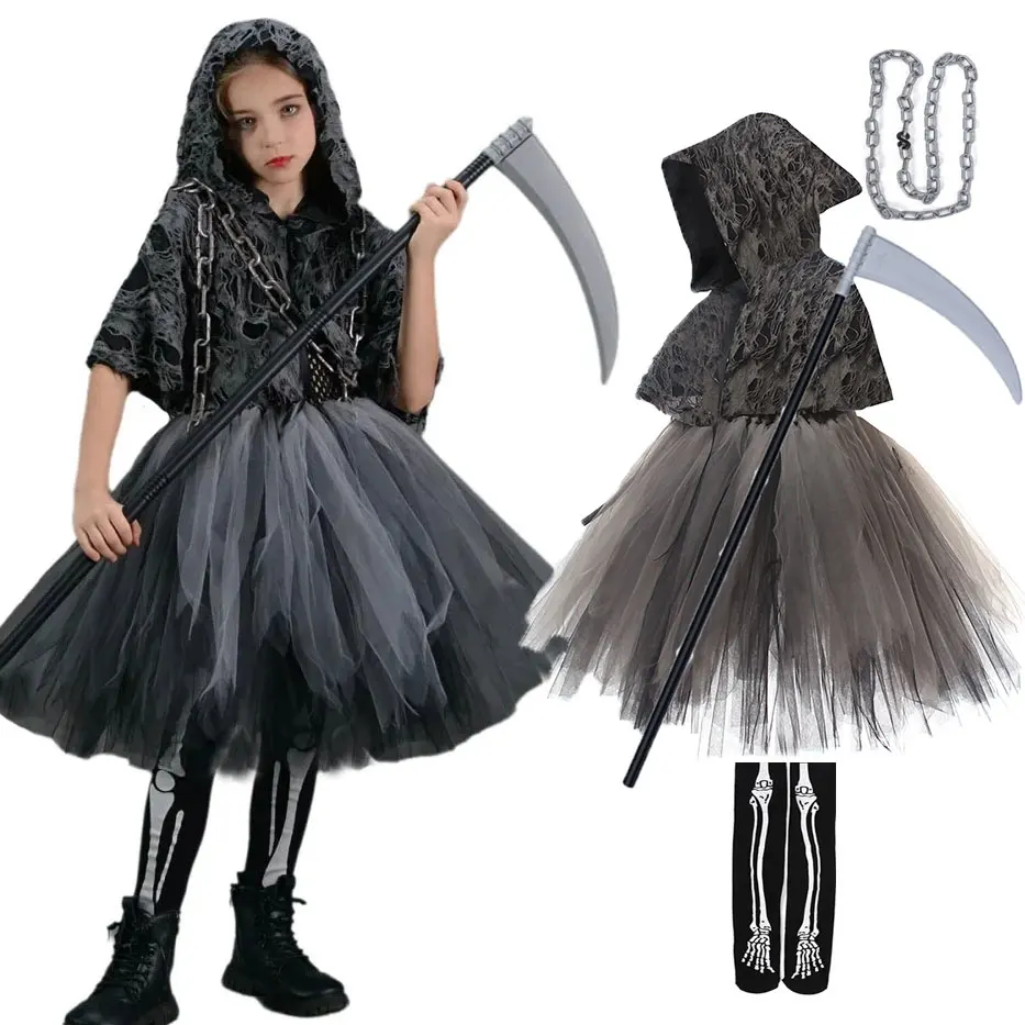Summer Vacation Clothing Men - 子供用ハロウィンコスプレ怖い死神コスチューム女の子用チュチュドレス+マント+鎌フルセット2-12歳衣装