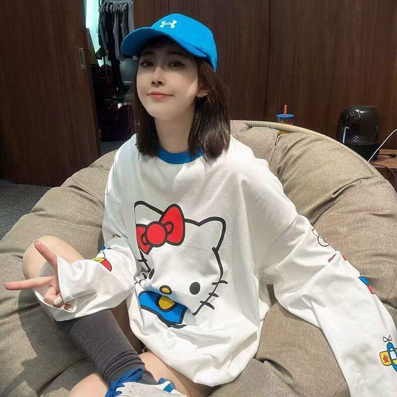 Summer Clothing Long Sleeve - 長袖ハローキティ夏の新スタイル漫画かわいいプリント Tシャツ女性のための人気の緩い日焼け防止服薄いトップス