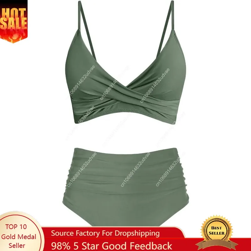 Bikini Set Push Up - 女性用ハイウエストビキニセット プッシュアップツイストフロント スパゲッティストラップ ルーシュ加工 ツーピース水着