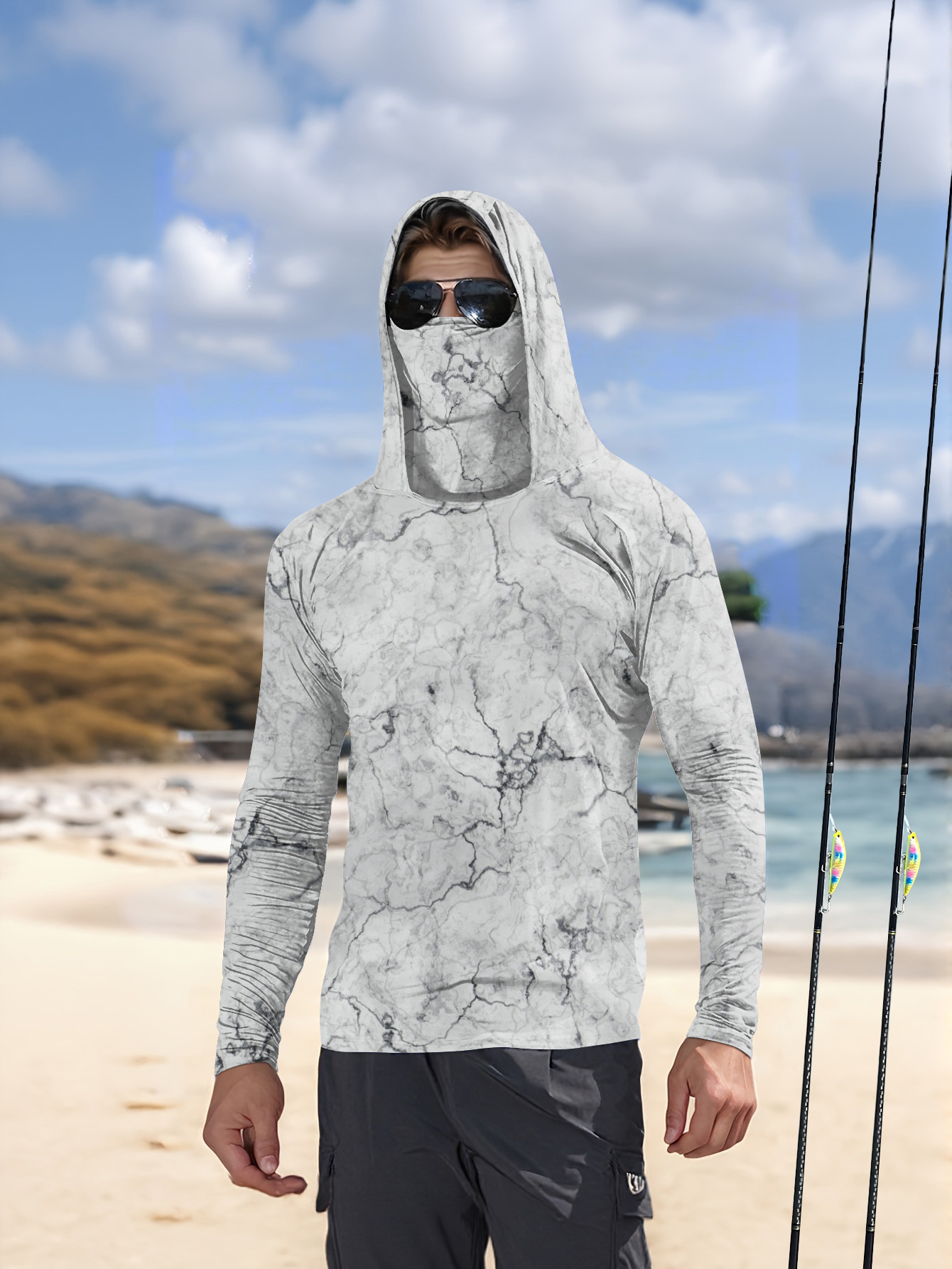 Summer Clothing Long Sleeve - メンズフード付きフィッシングシャツ 長袖 フィッシングウェア フィッシングTシャツ UVカット フィッシングシャツ