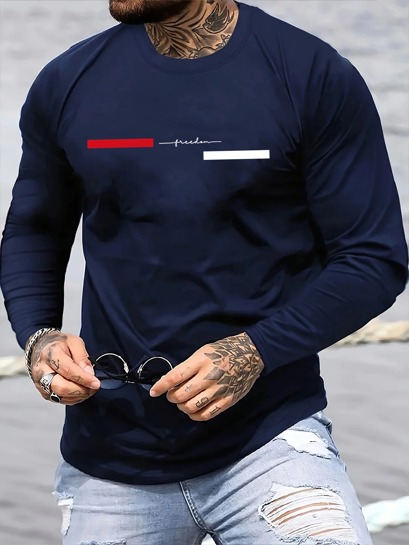 Summer Clothing Long Sleeve - 赤黒ライン メンズ 長袖 ラウンドネック ルーズ カジュアル