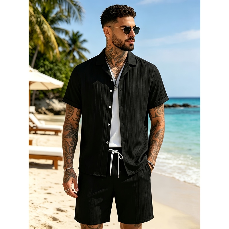 Summer Vacation Clothing Men - 2メンズサマーカジュアルスーツセット、キューバカラーシャツ+ゆったりとしたショートパンツ、快適で軽いビーチバケーション、日常着、ストリートウェア