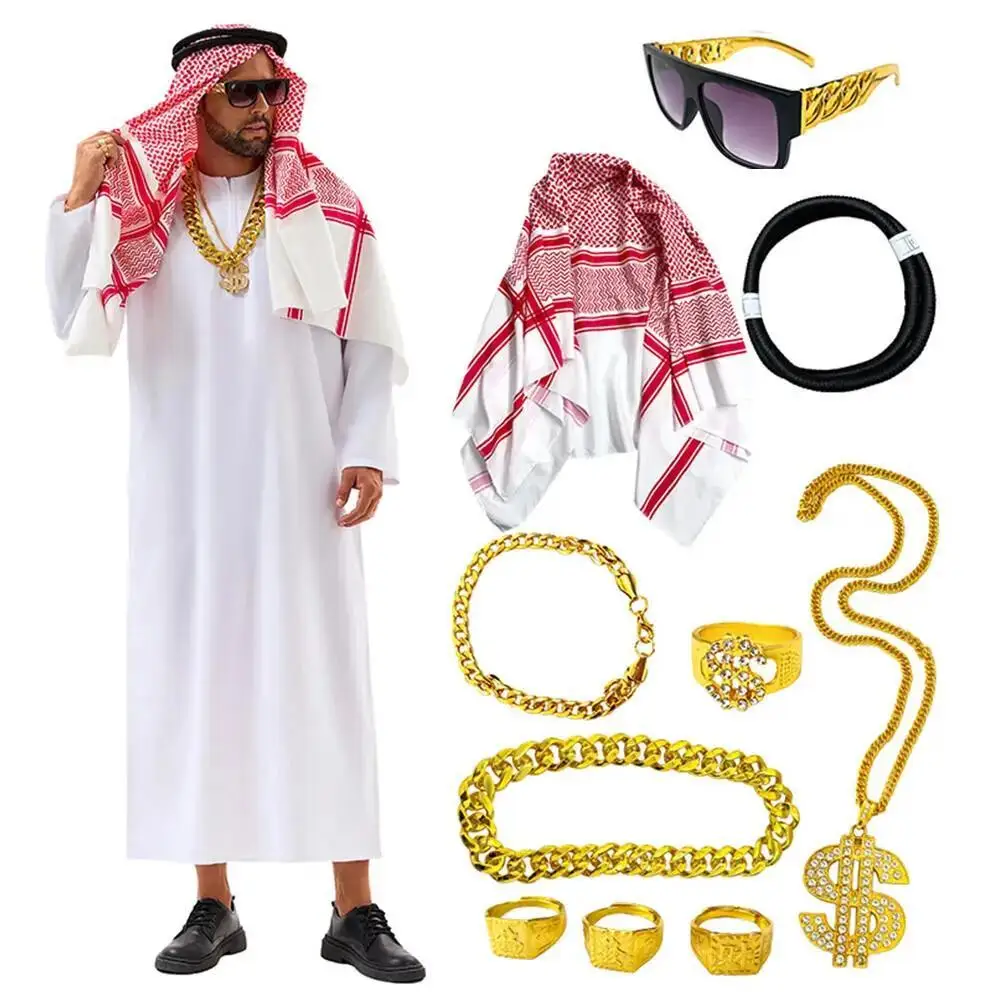 Summer Vacation Clothing Men - アラビア風ドバイコスチュームUAEシェイクコスプレ白いローブヘッドスカーフ、富裕なサウジの誕生日コスチューム、ハロウィン、リッチマン衣装、ポリエステル製