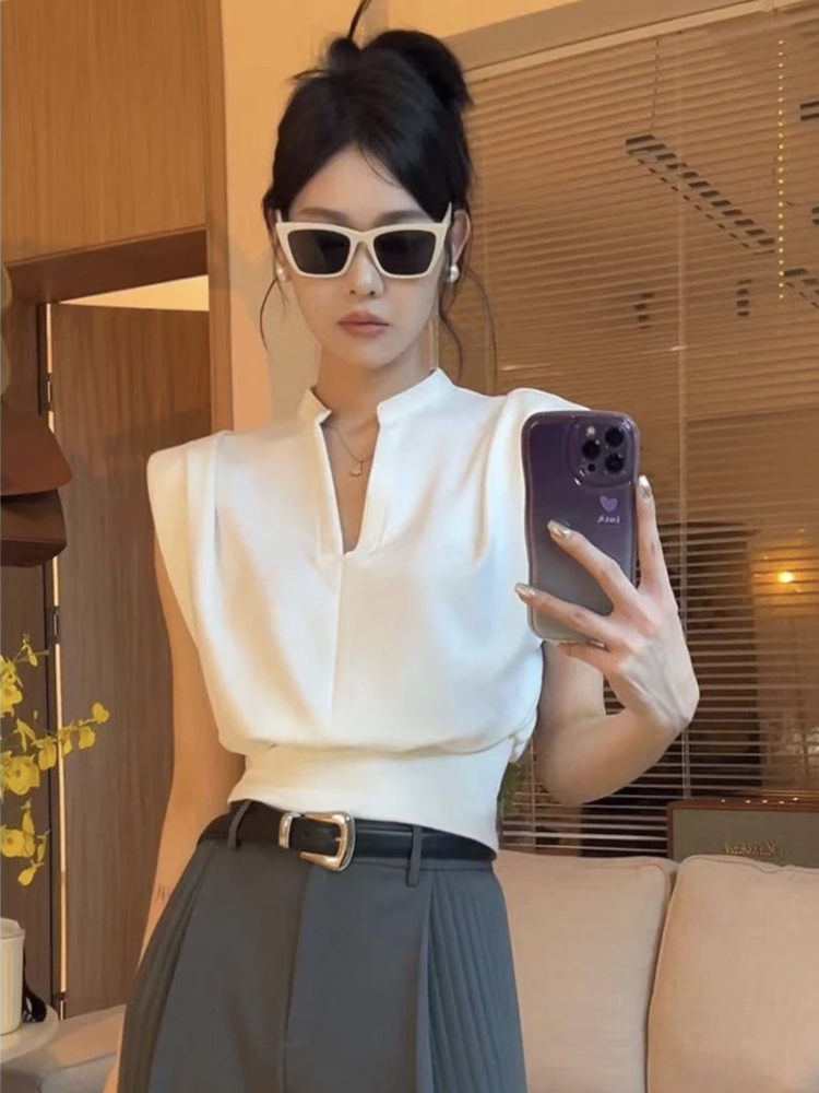 レトロスタンドカラー半袖シャツ女性のファッション韓国スタイル - Summer Clothing Brands のレビューと価格