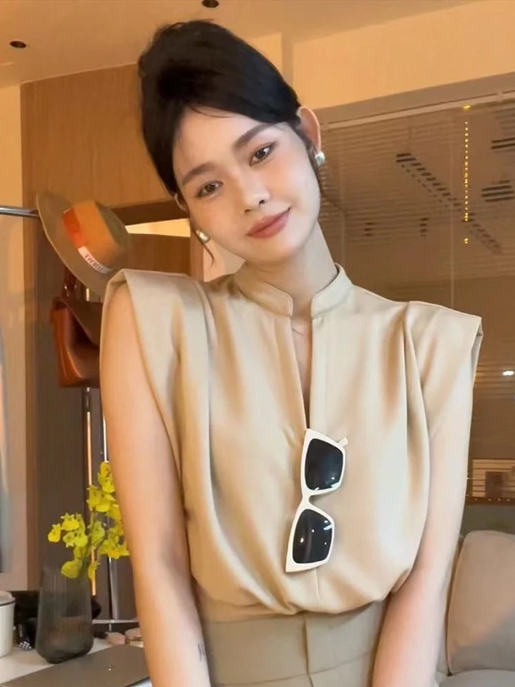 レトロスタンドカラー半袖シャツ女性のファッション韓国スタイル - Summer Clothing Brands のレビューと価格