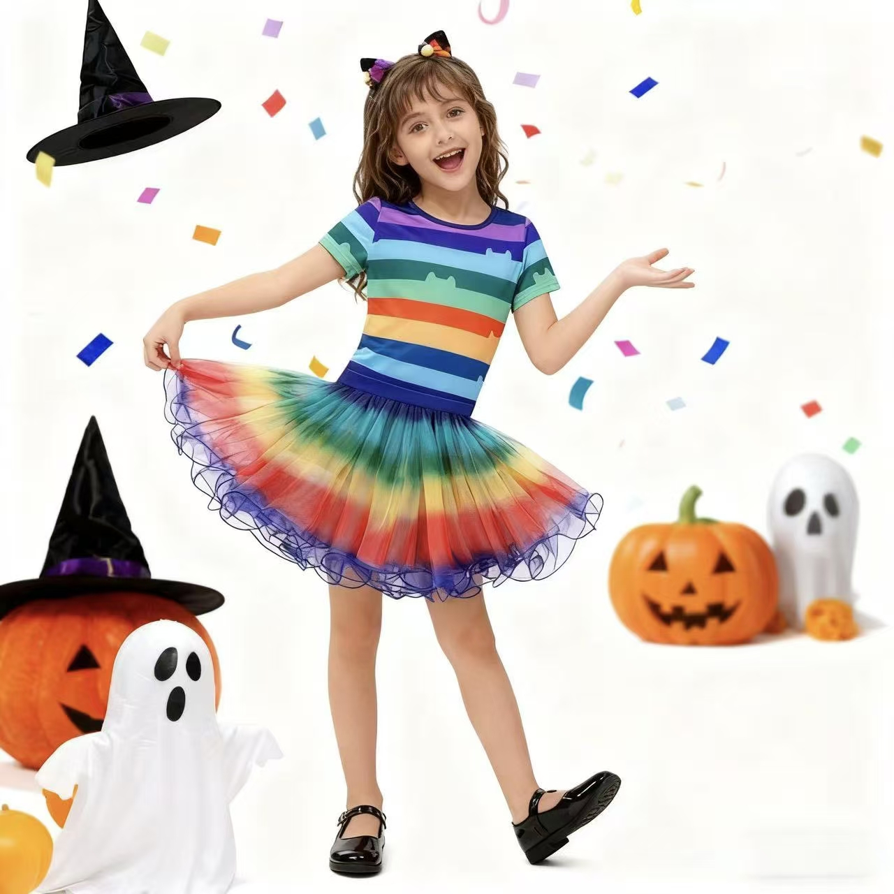 女の子レインボーストライプ Tシャツチュチュスカート猫耳ヘッ - Summer Dresses Yours Clothing のレビューと価格