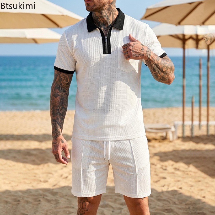 メンズワッフルカラーポロ半袖ショーツセットビーチ休暇カジュア - Summer Vacation Clothing Men のレビューと価格