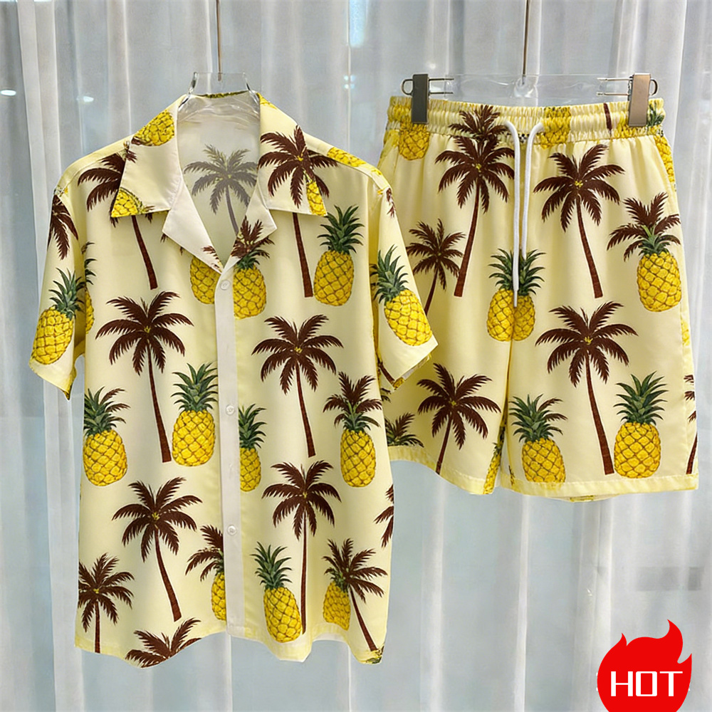 夏のメンズシャツセット植物柄ポリエステルツーピースシャツセッ - Summer Vacation Clothing Men のレビューと価格