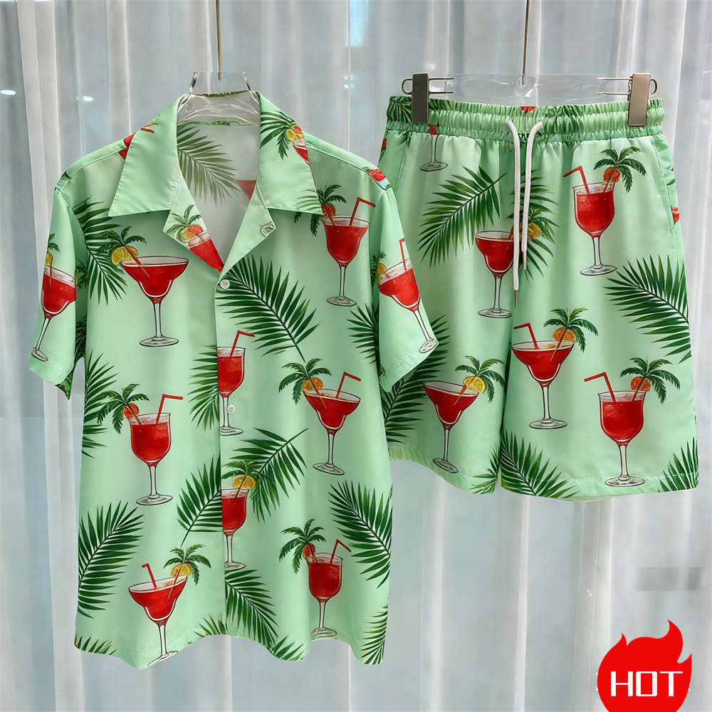 夏のメンズシャツセット植物柄ポリエステルツーピースシャツセッ - Summer Vacation Clothing Men のレビューと価格