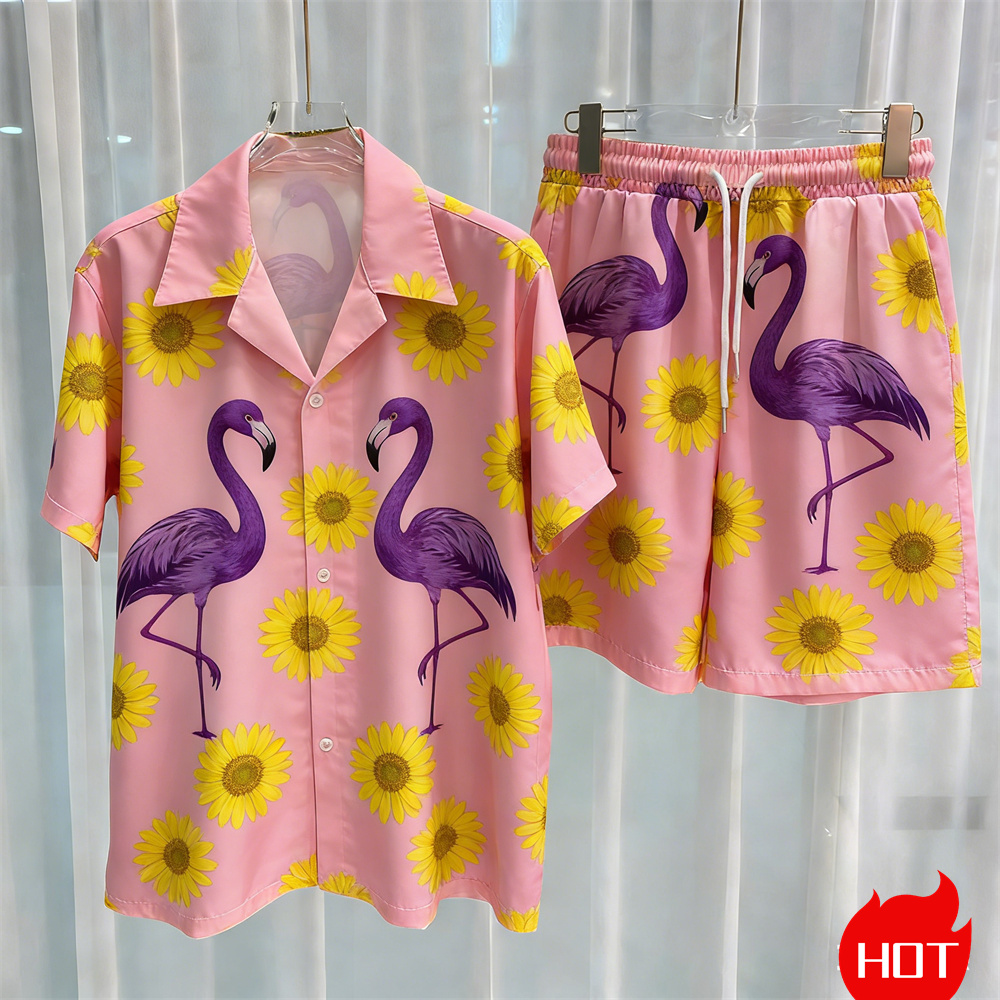 夏のメンズシャツセット植物柄ポリエステルツーピースシャツセッ - Summer Vacation Clothing Men のレビューと価格