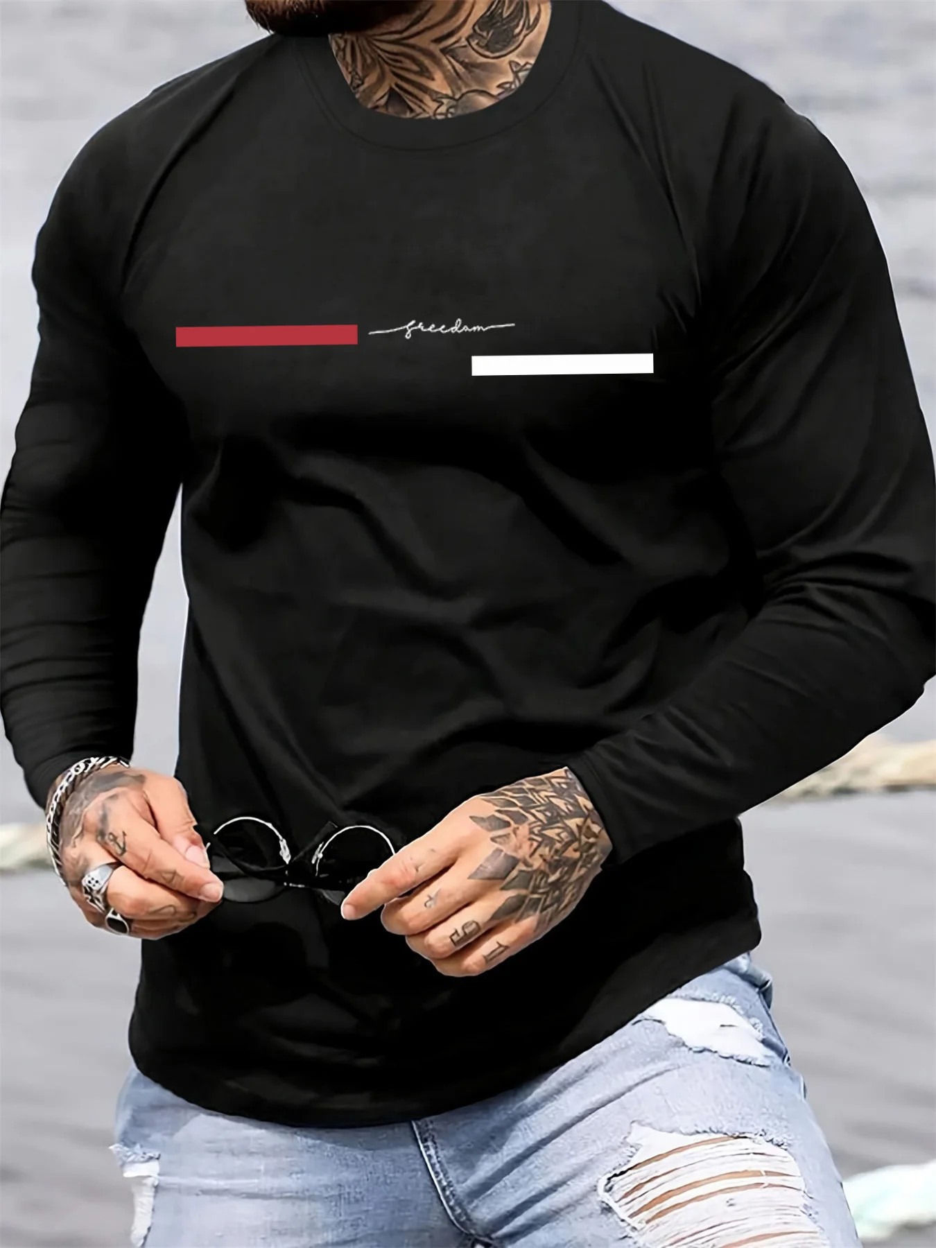 赤黒ライン メンズ 長袖 ラウンドネック ルーズ カジュアル - Summer Clothing Long Sleeve のレビューと価格